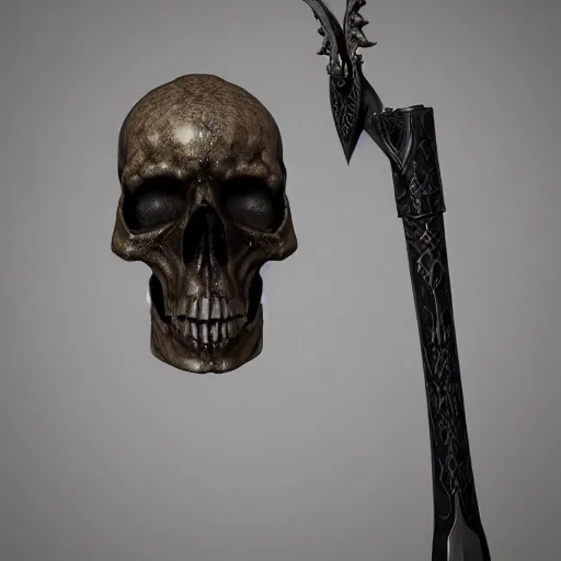 Image similar to a black sword skull core, ornament, weapon, a 3 d render by dom qwek, studio lighting, front side view, trending on polycount, hard surface modeling, rendered in maya, 3 ds max, blender, artstation hd, vray