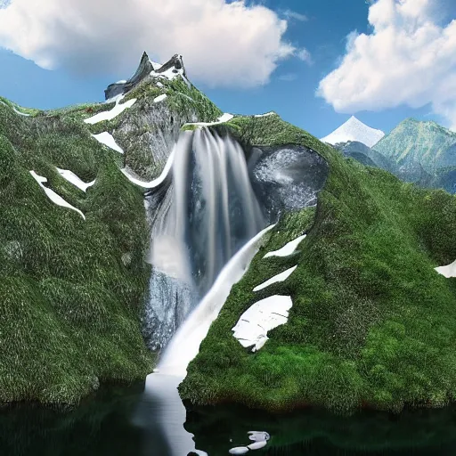 Prompt: photorealistic fantasy digital art depicting a very - distant aerial view of : at the peak of the world's tallest mountain is a small pond. a waterfall is falling from the pond down to the base of the mountain into a lake. the waterfall is unbelievably tall, and the mountain is extremely steep and narrow. there is a city surrounding the lake.