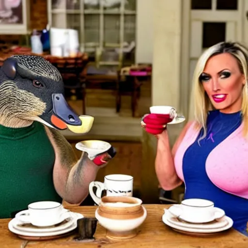 Prompt: a mallard and a pig having tea with jodie marsh