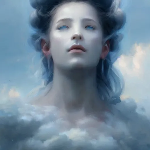 Prompt: a beautiful portrait of a cloud goddess dressed in clouds by Greg Rutkowski and Raymond Swanland, Trending on Artstation, ultra realistic digital art