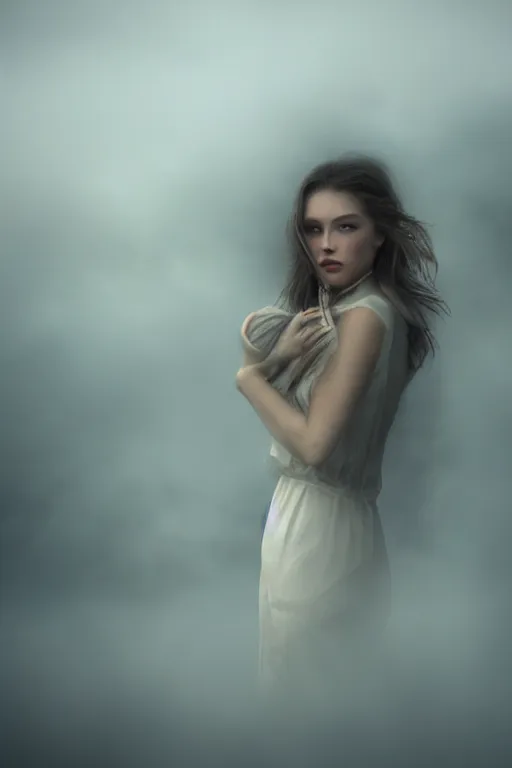 Image similar to ! dream most beautiful woman in the world, fog, highly detailed, cinematic, dramatic lighting, 8 k