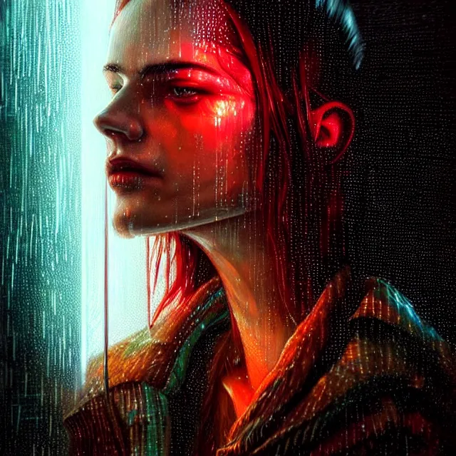 Prompt: bright portrait LSD glowing backlit rain on face and wet hair, cyberpunk, overhead lighting, fantasy, intricate, elegant, dramatic lighting, highly detailed, lifelike, photorealistic, digital painting, artstation, illustration, concept art, smooth, sharp focus, art by John Collier and Albert Aublet and Krenz Cushart and Artem Demura and Alphonse Mucha