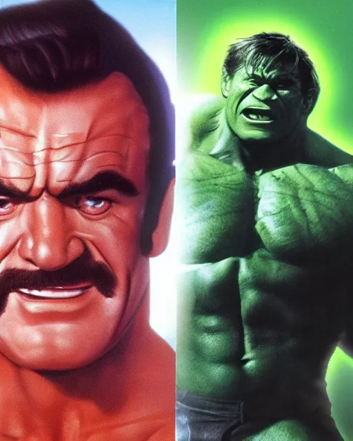 Image similar to sean connery as the incredible hulk, dynamic lighting, ultra detailed