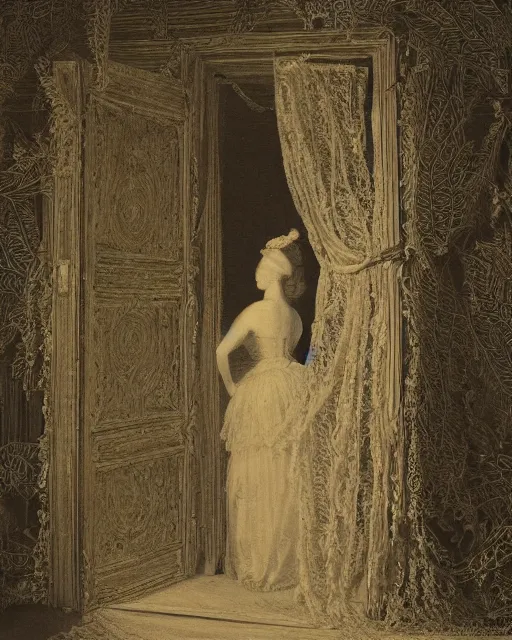 Image similar to a woman standing in a doorway, made of intricate decorative lace leaf, in the style of the dutch masters and gregory crewdson, dark and moody