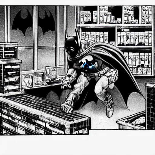 Prompt: batman robbing a drugstore, detailed, intricate,