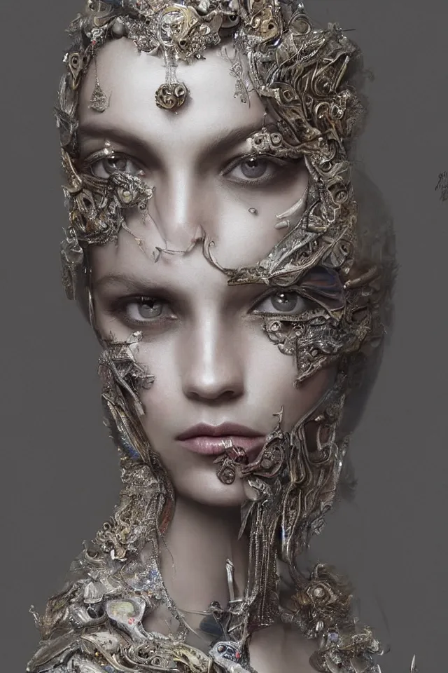 Prompt: a sculpture made of opal, portrait, female, future, shaman, harper's bazaar, vogue, magazine, insanely detailed and intricate, concept art, close-up, ornate, luxury, elite, elegant, trending on artstation, by Ruan Jia, Kenneth Willardt, Ross Tran, WLOP, Andrei Riabovitchev.