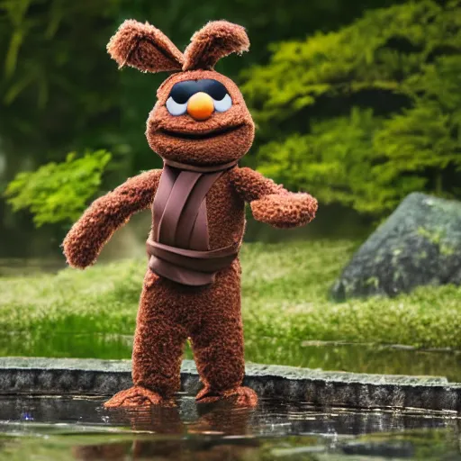 Image similar to a chocolate brown karate loving muppet bunny wearing cool ninja clothes and practicing her karate out in nature by a pond, photorealistic, photography, ambient occlusion, rtx, national geographic, sesame street