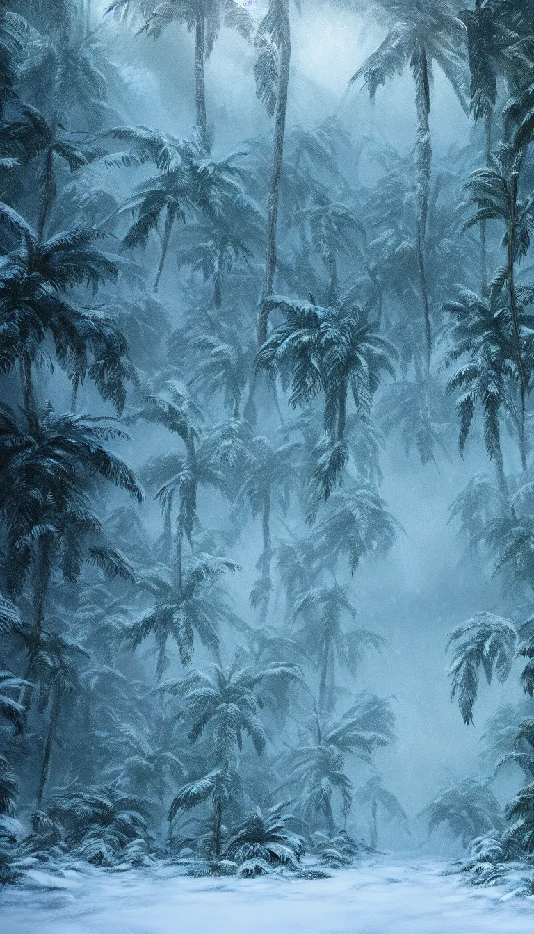 Prompt: highly detailed photo of snowfall in jungle, award winning photo, hyper realistic, art by greg rutsowski, concept art, 8 k detail post - processing