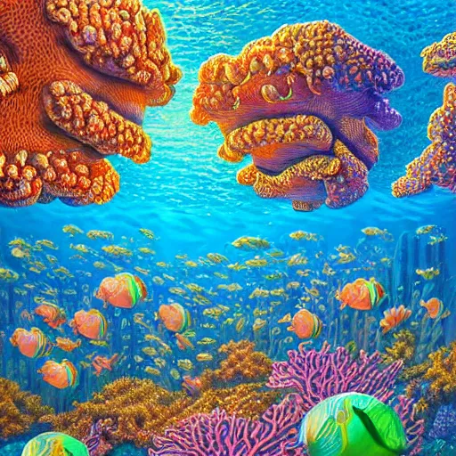 Prompt: intricate five star coral reef community by casey weldon, oil on canvas, hdr, high detail, photo realistic, hyperrealism, matte finish, high contrast, 3 d depth, centered, masterpiece, vivid and vibrant colors, enhanced light effect, enhanced eye detail, artstationhd