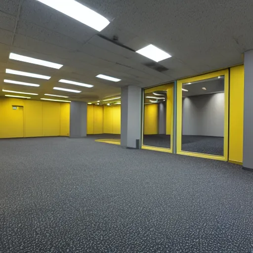 Image similar to photo of a scary shadowy monster in the backrooms, mono - yellow old moist carpet randomly connected infinite empty office space