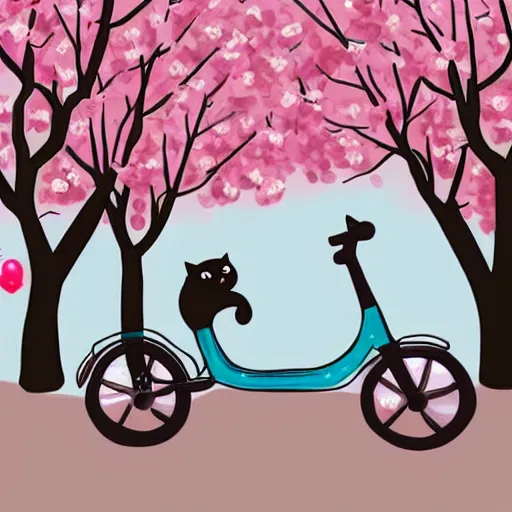 Image similar to a cute artwork of two chibi cats riding scooters through a forest of cheery blossom trees, procreate