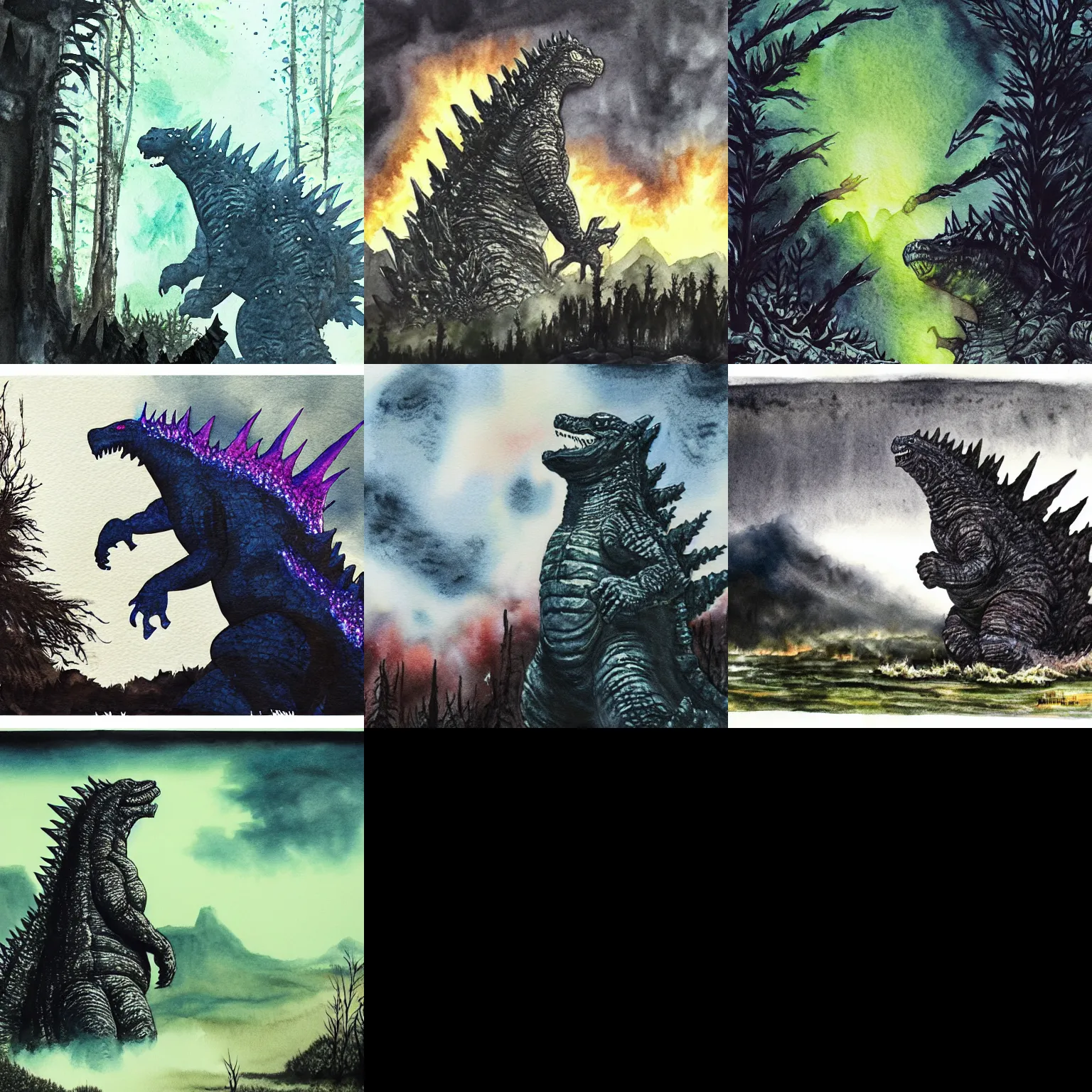 Prompt: godzilla growing in a desolate forest, glowing black dust everywhere, watercolor painting, extremely detailed