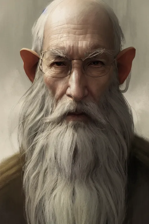 Image similar to a highly detailed portrait painting of an elderly healer elf male, long white beard, long elf ears, asian decent, by greg rutkowski and alphonse mucha, sharp focus, matte, concept art, artstation, digital painting