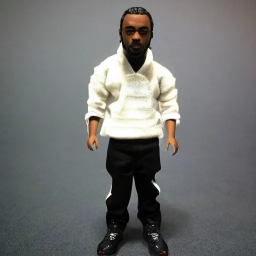 Prompt: “an award winning photograph of a shiny plastic action figure doll of Kendrick Lamar, the rapper, hip hop artist, dressed as a programmer. Cool!”