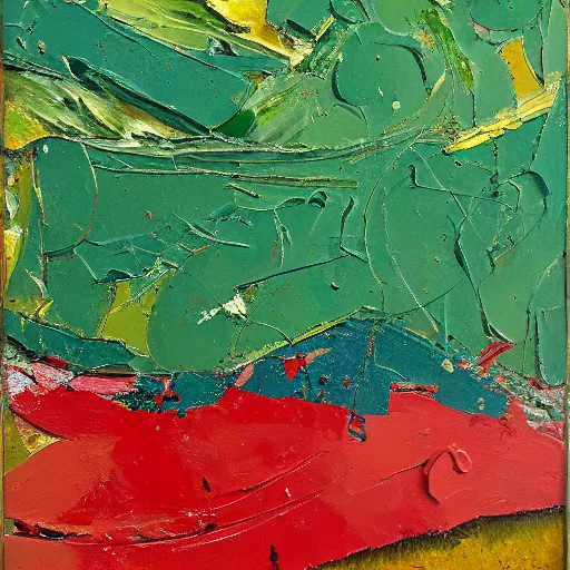 Prompt: oil paint impasto relief, large red and green shiny apple dull naples yellow background, multi layered thick brush marks, some splattered paint, in the style of ivan shishkin and frank auerbach and van gogh