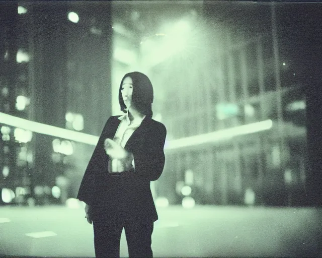 Image similar to fujifilm superia x - tra 4 0 0 photograph of business lady at night volumetric wetplate