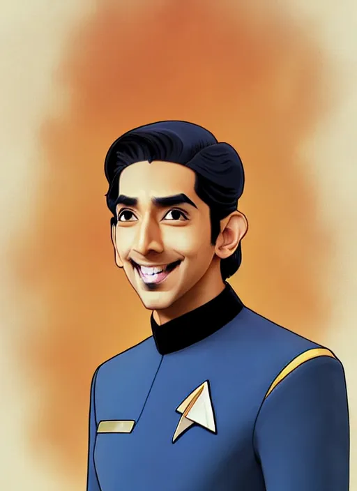 Image similar to cute star trek officer dev patel, natural lighting, path traced, highly detailed, high quality, digital painting, by don bluth and ross tran and studio ghibli and alphonse mucha, artgerm