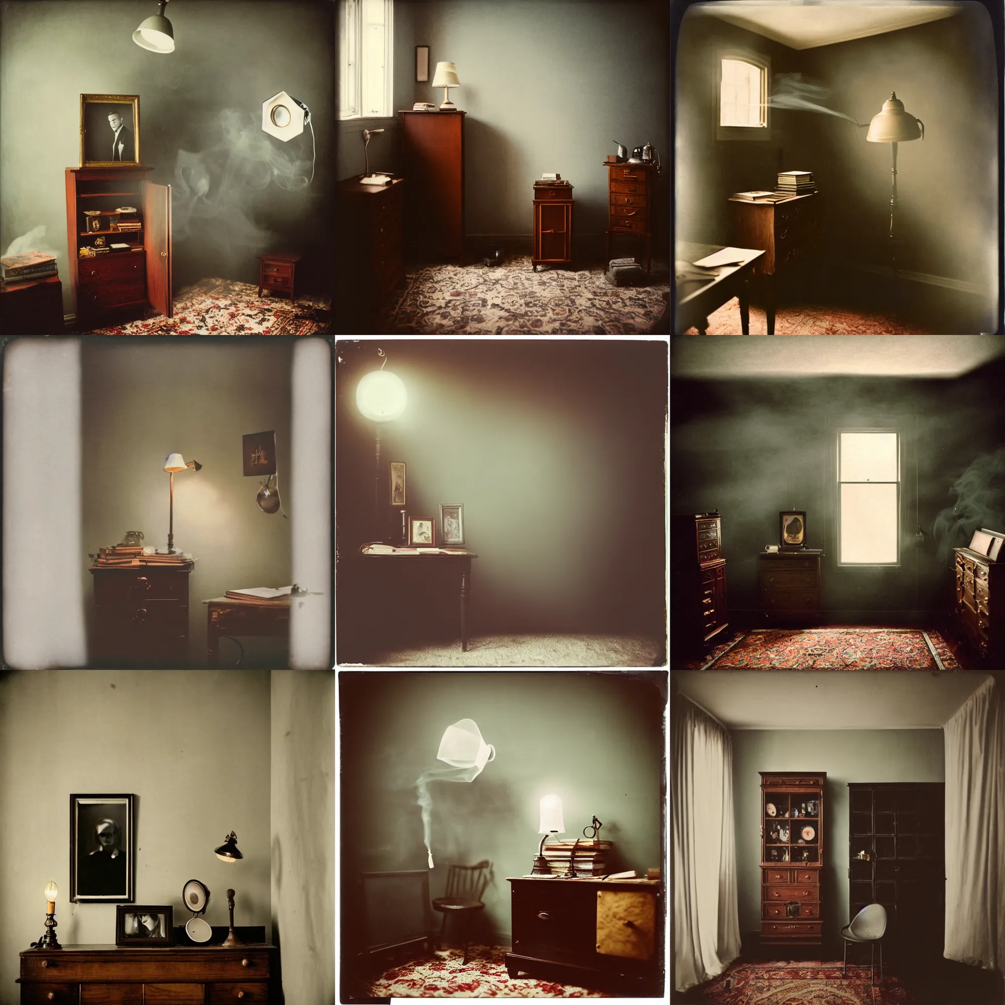 Image similar to kodak portra 4 0 0, wetplate, fisheye, award - winning portrait by britt marling, 1 9 2 0 s room, ghost, picture frames, shining lamps, dust, smoke, 1 9 2 0 s furniture, wallpaper, carpet, books, muted colours, wood, fog,