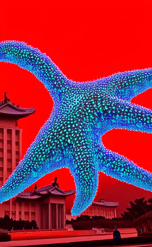 Image similar to light coming out of one starfish - like kaiju anthropomorphic monster, korean film noir by kim jong - il, korean traditional palace, pyongyang city, 1 9 6 0 s, red color bleed, 4 k, video compression, video glitch, monochrome, akira kurosawa, mamoru oshii, wes anderson, stanley kubrick