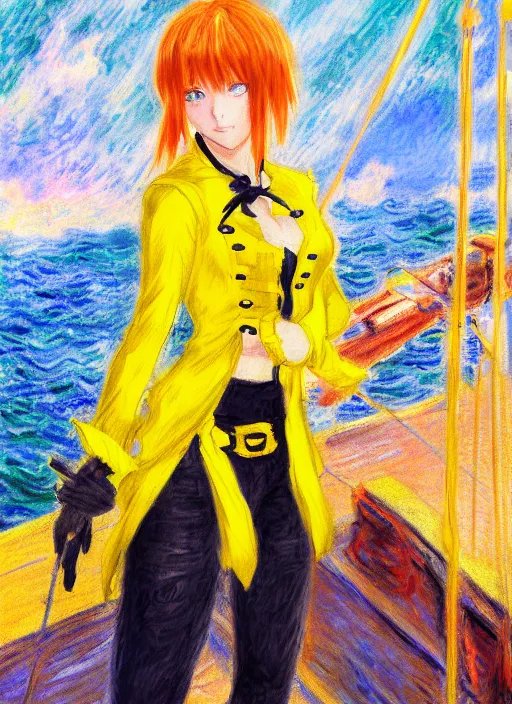 Image similar to a portrait of a female pirate, electric yellow uniform, very anime in impressionist style, anime trending artwork, anime painter studio, by claude monet