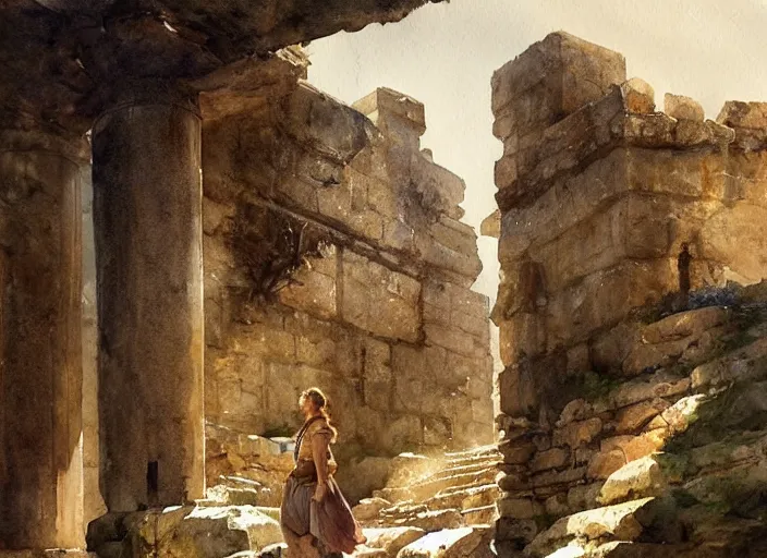 Prompt: watercolor painting of cat exploring rocky roman ruins, stone walls, very beautiful ambient lighting, sun rays, dust, art by anders zorn, wonderful masterpiece by greg rutkowski, cinematic light, american romanticism by greg manchess, creation by tyler edlin