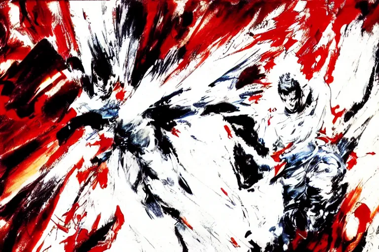 Image similar to movie screenshot of akira ( 1 9 8 8 ) tetsuo in a white superhero suit / mask and red cape, by ashley wood, yoji shinkawa, 6 0's french movie poster, french impressionism, palette knife and wide brush strokes, black and white only