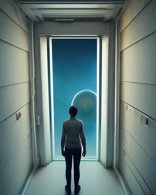 Prompt: a person standing in front of an open door, poster art by mike winkelmann, trending on cg society, space art, sci - fi, ue 5, futuristic, volumetric lighting