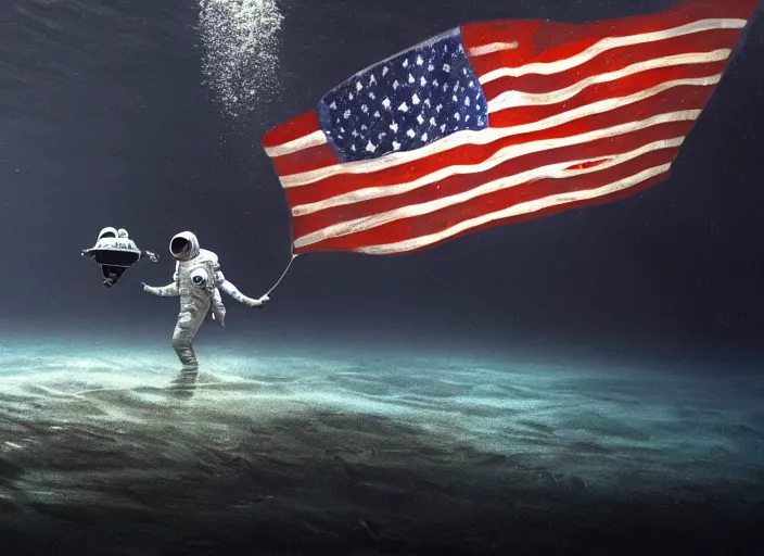 Image similar to astronaut underwater putting a flag on the sand in the bottom of the ocean. in the background, a submarine is visible. dark, concept art, cinematic, dramatic, atmospheric, 8 k, trending on artstation, zack snyder