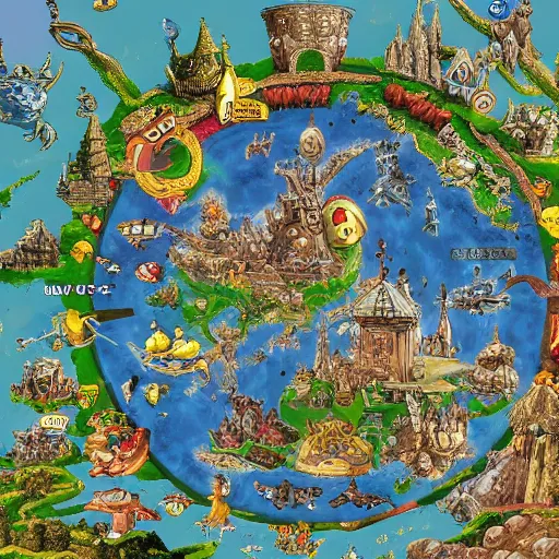 Prompt: google maps satellite image of a magical discworld with many continents like a pokemon sword and shield map.