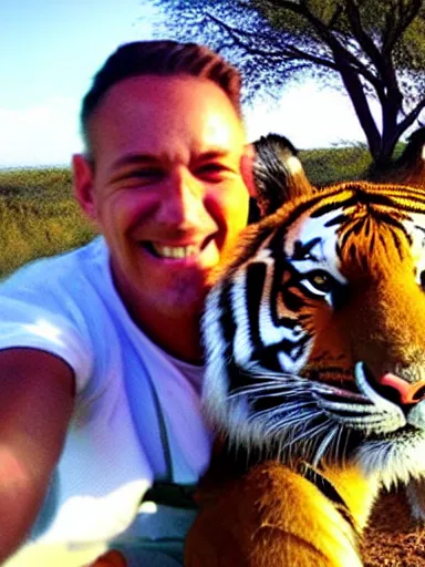 Prompt: a selfie of a man smiling in the safari with a tiger running up behind him