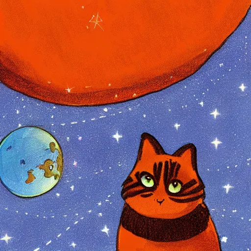 Prompt: A fuzzy orange cat sitting on planet earth, space with stars in the background, highly-detailed illustration, Artstation