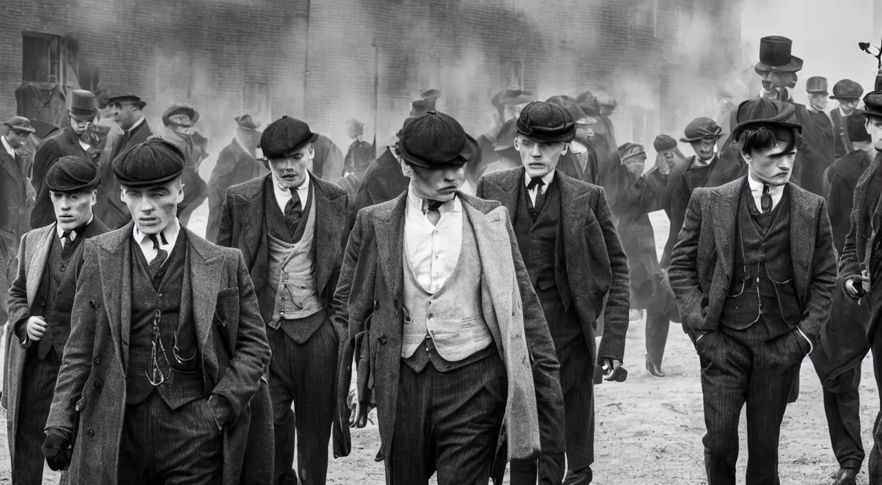 Image similar to a scene from peaky blinders, medium long shot, 3 / 4 shot, full body picture of cillian murphy, tom hardy, leonardo dicaprio, sharp eyes, serious expressions, detailed and symmetric faces, black and white, epic photo by talented photographer ansel adams,