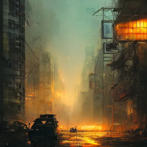 Image similar to tokyo in a post apocalyptic earth as seen by greg rutkowski, dark theme, enchanted, warm colors, high quality, waw, trending on artstation