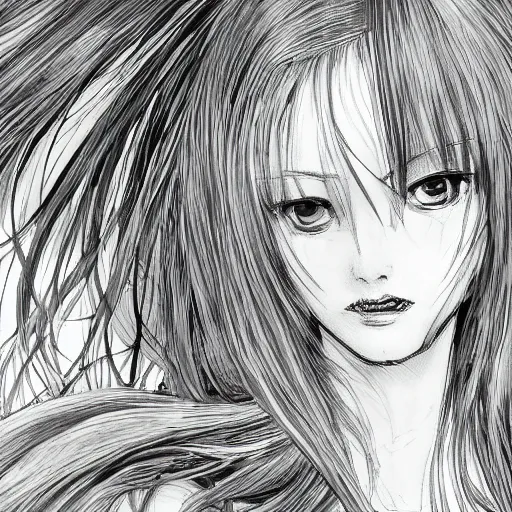 Prompt: Highly detailed Renaissance oil portrait in three quarter angle of an anime girl with long white hair fluttering on the wind and black eyes wearing office suit in the style of Yoshitaka Amano drawn with expressive brush strokes, abstract black and white patterns in the backround