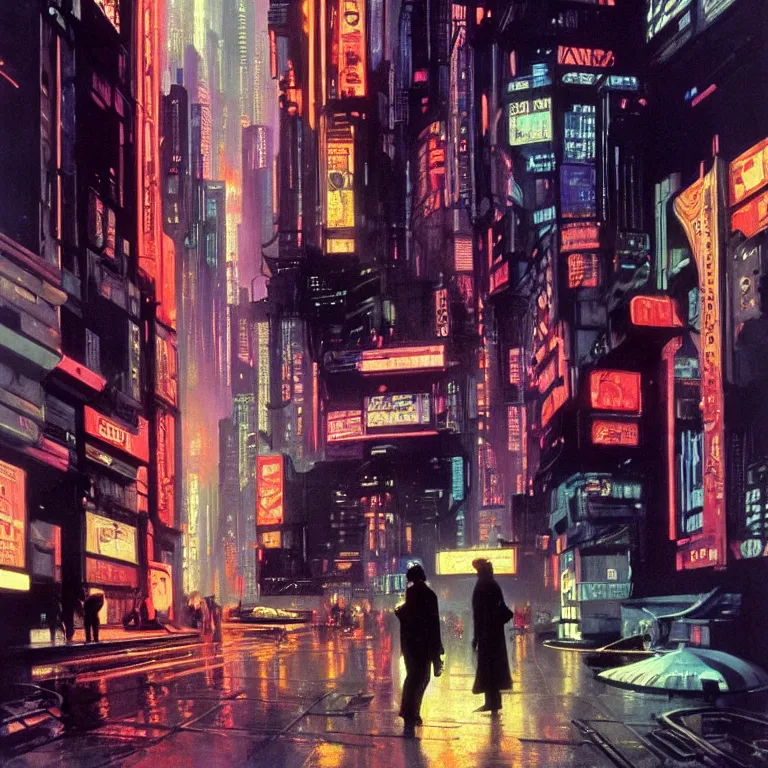 Prompt: scene of city life with people dressed in futuristic clothes, cyberpunk designs, vehicles, automations, and faint glows of vivid color, cinematic, highly detailed, intricate, hd quality, from blade runner concept art, by syd mead and edward hopper