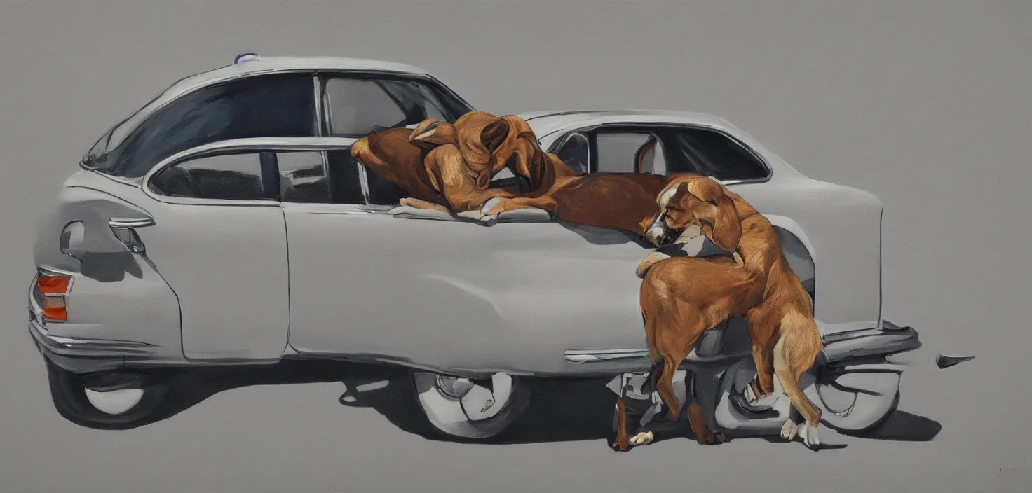 Prompt: highly detailed photorealistic painting of a car giving a dog a hug, mid century art, values as flat shapes, minimal shading