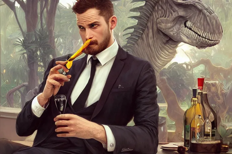 Prompt: portrait painting of a tyranosaurus rex wearing a tie and drinking a martini, ultra realistic, concept art, intricate details, serious, highly detailed, photorealistic, octane render, 8 k, unreal engine. art by artgerm and greg rutkowski and alphonse mucha