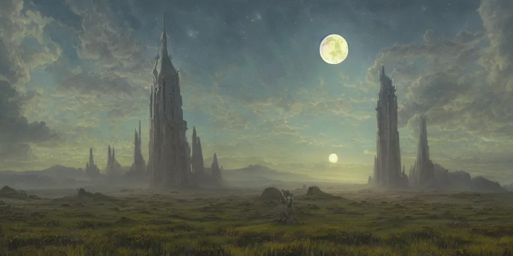 Image similar to The great intricate marble and golden wizards tower, painted landscape, green fields in the background, moody lighting, moon in the night sky, sharp image, 4k, art by Donato Giancola and Bayard Wu, digital art, trending on artstation