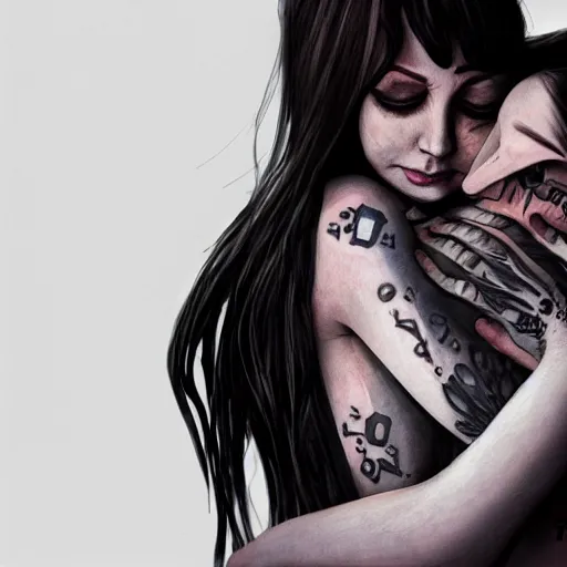 Prompt: Hot young woman, grey skin, void eyeballs, tattoos, wearing a leather jacket, hugging a shrouded man as they cry on her chest, comforting, touching, wholesome, digital art, concept art, trending on artstation, watercolour, big sister, little brother, realistic, 4k, 8k