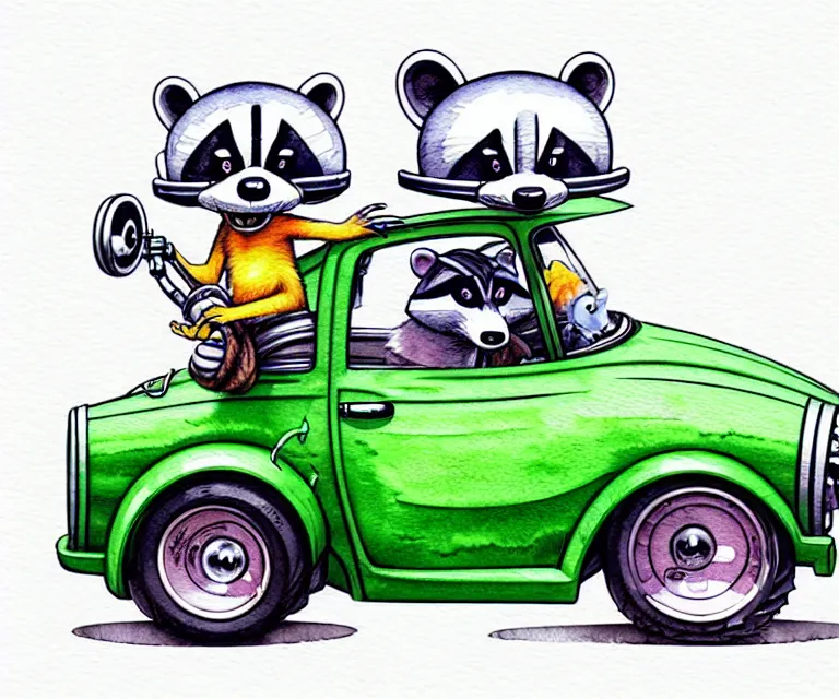 Image similar to cute and funny, racoon wearing a helmet riding in a tiny hot rod with oversized engine, ratfink style by ed roth, centered award winning watercolor pen illustration, isometric illustration by chihiro iwasaki, edited by range murata, tiny details by artgerm and watercolor girl, symmetrically isometrically centered, focused