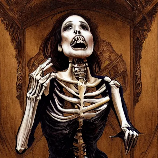 Image similar to a skeleton women as a opera singer, singing at a opera house, skeletal woman singing a melancholy song, melancholy vibe, historical, intricate, highly detailed, dynamic lighting, digital art, digital painting, artstation, wlop, sharp focus, illustration, art by artgerm and greg rutkowski and alphonse mucha