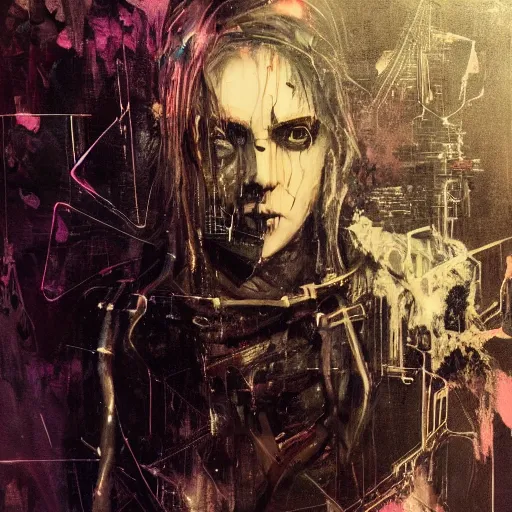 Image similar to a cyberpunk gothic noir detective, skulls, wires cybernetic implants, machine noir grimcore in cyberspace photoreal, atmospheric by jeremy mann francis bacon and agnes cecile, ink drips paint smears digital glitches