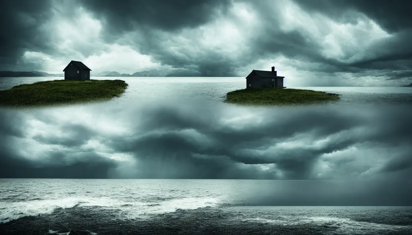 Image similar to lonely house on the island, lake, windy waves, raining, storm, distant thunder, atmospheric, scary, ambient vibe, very detailed, high resolution, 8 k