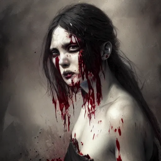 Image similar to goth girl crying blood, intricate, art by greg rutkowski, high detailed, 4 k,