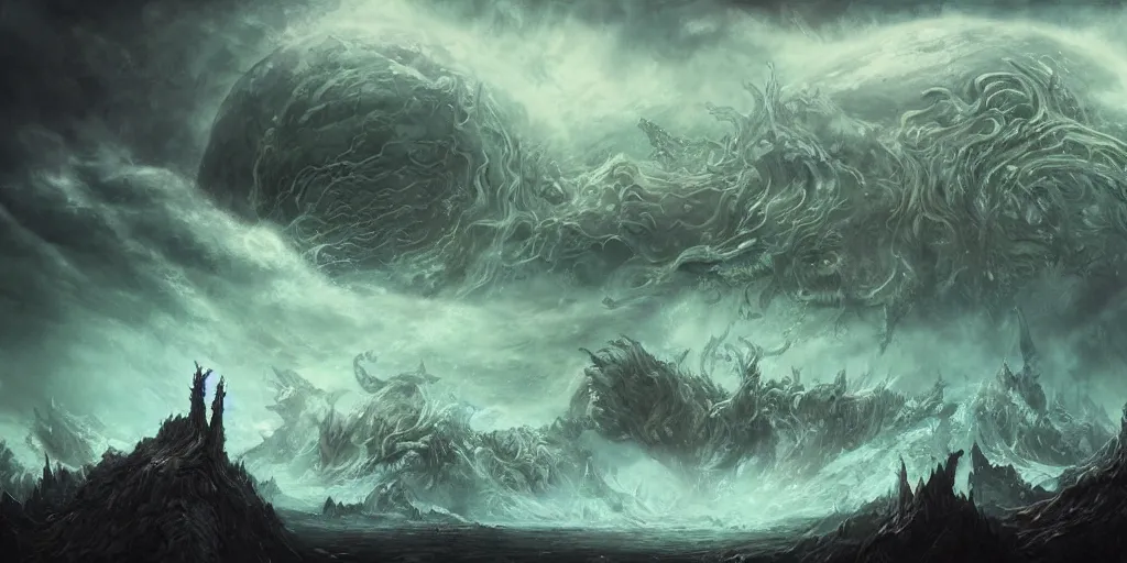 Prompt: concept art of giant kaiju, lovecraftian, roaring, melting horror, round moon, rich clouds, fighting the horrors of the unknown, mirrors, very detailed, volumetric light, mist, grim, fine art, decaying, textured oil over canvas, epic fantasy art, very colorful, ornate scales, anato finnstark