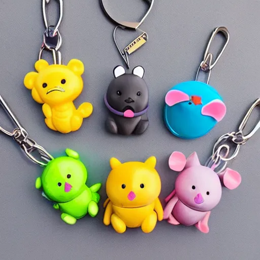 Prompt: some cute plastic toys that look like animal characters hanging from a backpack on a keychain, pastel colors