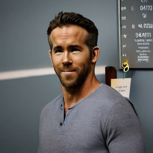 Prompt: photo of Ryan Reynolds in prison outfit getting, handcuffed, getting picture taken in front of a height chart in prison, highly detailed, high quality, HD, 4k, 8k, Canon 300mm, professional photographer, 40mp, lifelike, top-rated, award winning, realistic, sharp, no blur, edited, corrected, trending