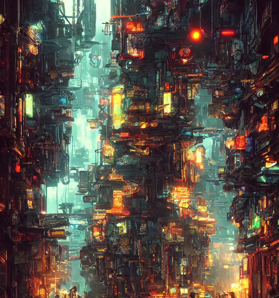 Prompt: back alley road in a cyberpunk metropolis, cinematic, highly detailed, octane render, rich cinematic atmosphere, perfect digital art, mystical journey in strange world, cyberpunk, sci - fi, surreal, glowing lights, sharp focus, high detailed, by akihiko yoshida, michael whelan and karol bak