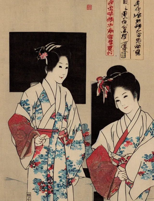 Prompt: two ghost girls in taiwan wearing elegant yukata in festival by hisaji hari