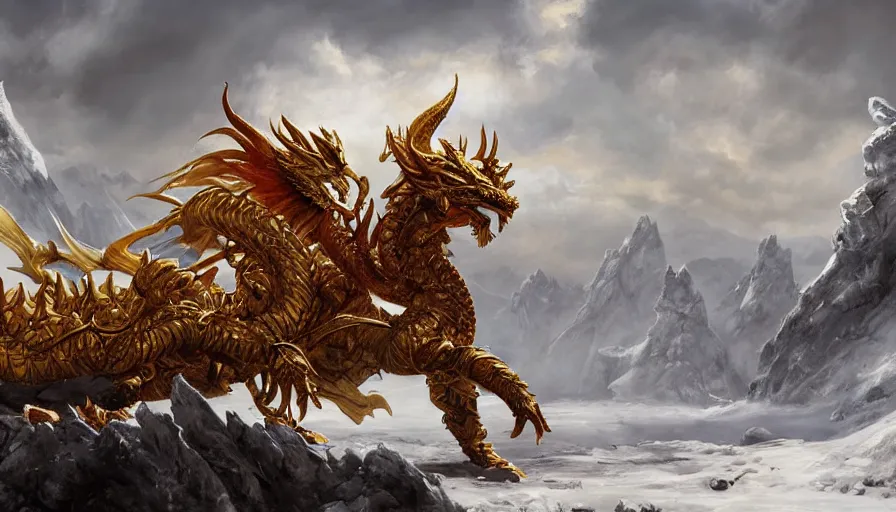 Image similar to golden dragon in a nordic landscape under bright daylight with fluffy clouds, set in the world of Guildwars2, painted by Hans Fredrik Gude, Greg Rutkowksi and Artgerm, concept art 2022, ultra realistic masterpiece, contrasting details vs blank areas, oil on canvas